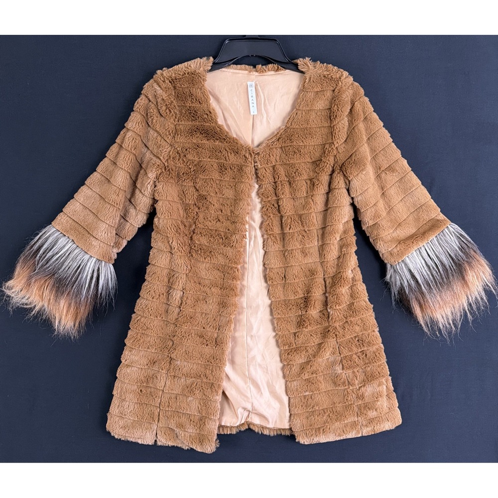 Cirana Faux Fur Jacket Brown Ribbed Shag Cuff Coat Women's Size S Crop Sleeve